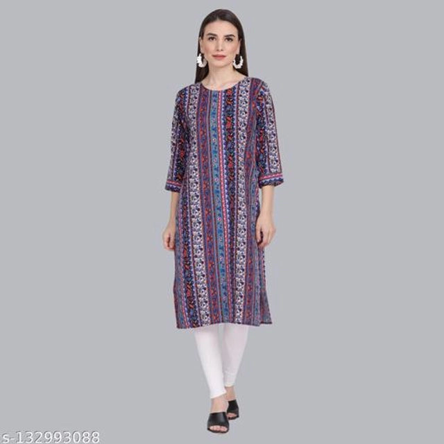 Crepe Printed Kurti for Women (Blue, M)