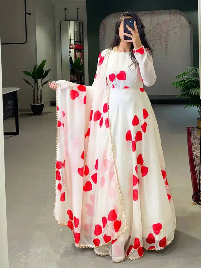 Georgette Printed Gown with Dupatta for Women (Red & White, S)