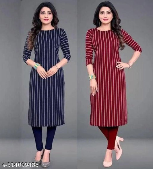 Crepe Striped Kurti for Women (Blue & Red, S) (Pack of 2)