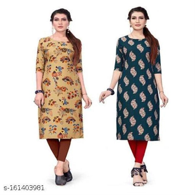 Crepe Printed Kurti for Women (Yellow & Teal, S) (Pack of 2)